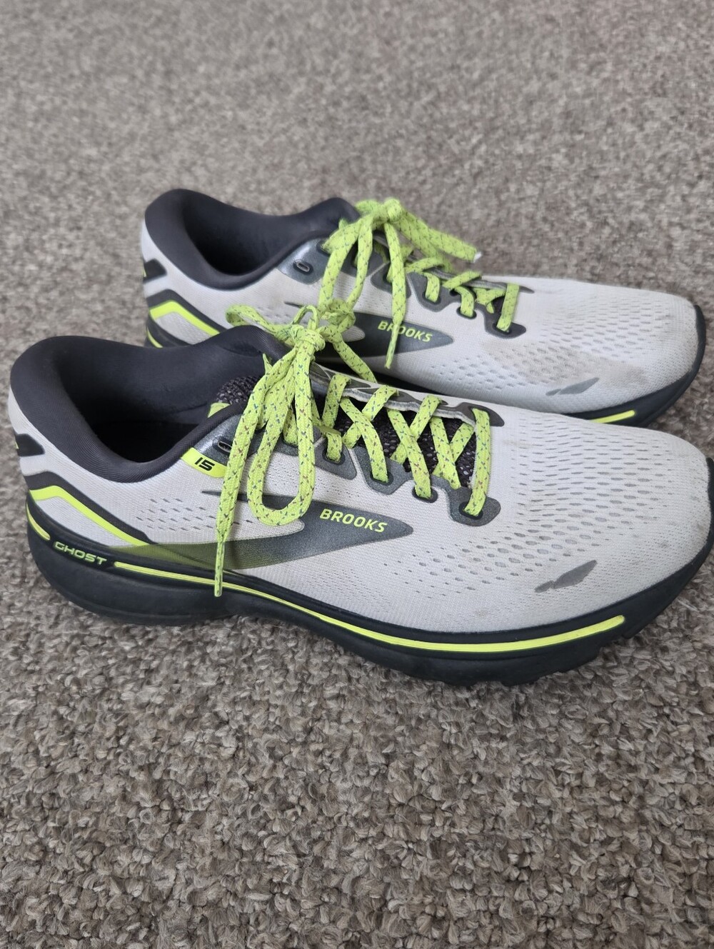 Brooks Ghost 15 Men's Running Shoes - White with Neon Yellow Accents